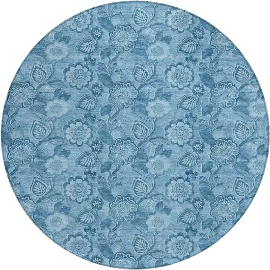 8' Blue And Denim Blue Round Floral Washable Indoor Outdoor Area Rug Photo 1
