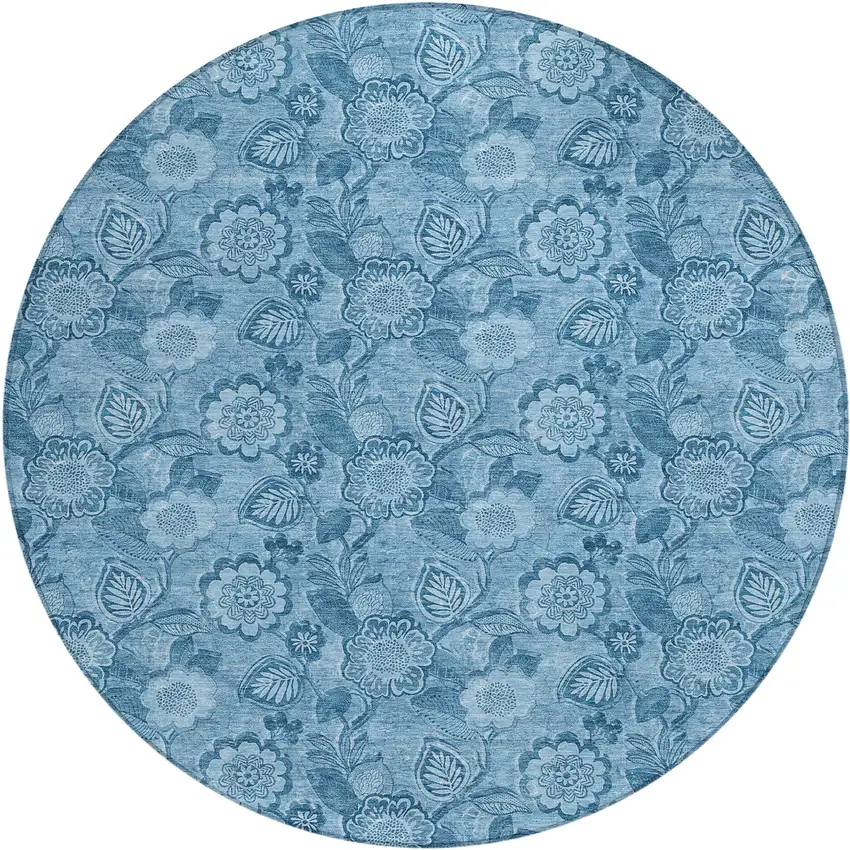 8' Blue And Denim Blue Round Floral Washable Indoor Outdoor Area Rug Photo 1