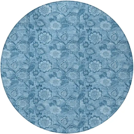 8' Blue And Denim Blue Round Floral Washable Indoor Outdoor Area Rug Photo 4