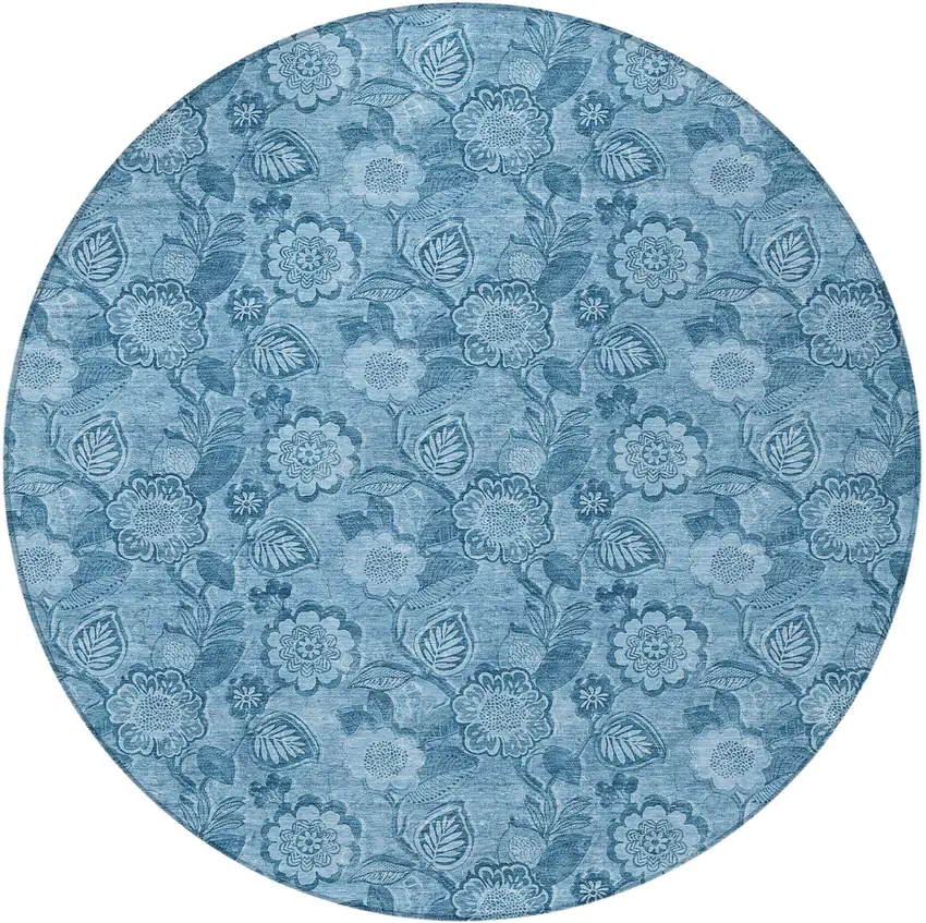 8' Blue And Denim Blue Round Floral Washable Indoor Outdoor Area Rug Photo 4