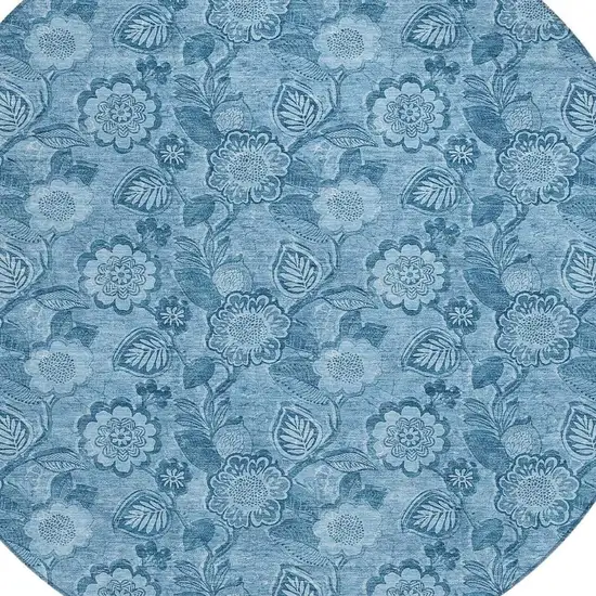 8' Blue And Denim Blue Round Floral Washable Indoor Outdoor Area Rug Photo 8
