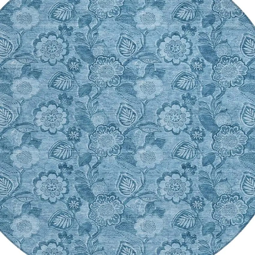 8' Blue And Denim Blue Round Floral Washable Indoor Outdoor Area Rug Photo 8