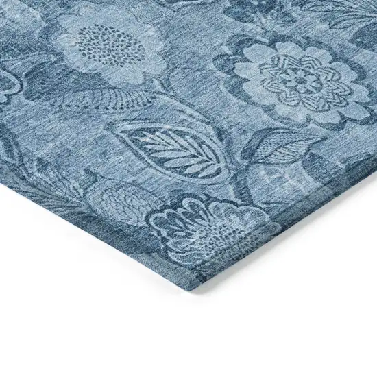 8' Blue And Denim Blue Round Floral Washable Indoor Outdoor Area Rug Photo 7