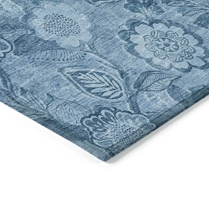 8' Blue And Denim Blue Round Floral Washable Indoor Outdoor Area Rug Photo 7