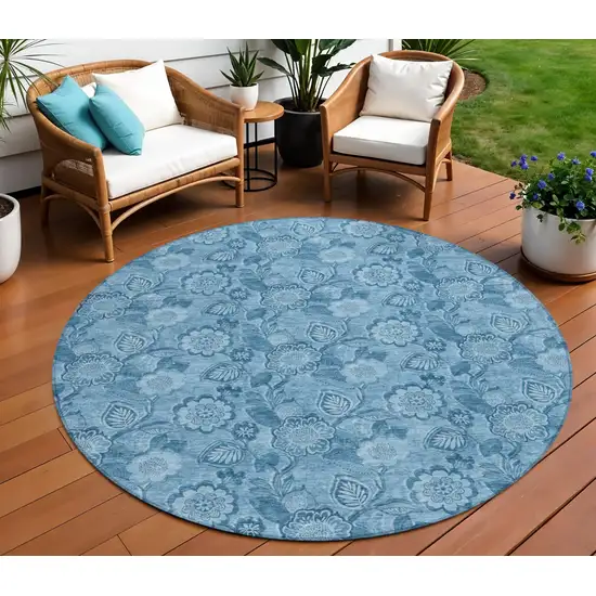 8' Blue And Denim Blue Round Floral Washable Indoor Outdoor Area Rug Photo 2