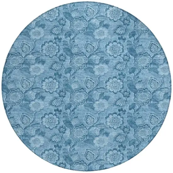 8' Blue And Denim Blue Round Floral Washable Indoor Outdoor Area Rug Photo 3