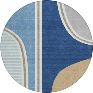 Photo of 8' Blue And Denim Blue Round Geometric Washable Indoor Outdoor Area Rug