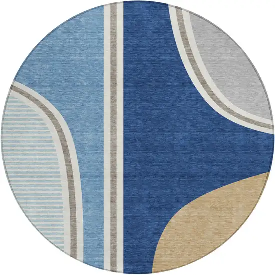 8' Blue And Denim Blue Round Geometric Washable Indoor Outdoor Area Rug Photo 1