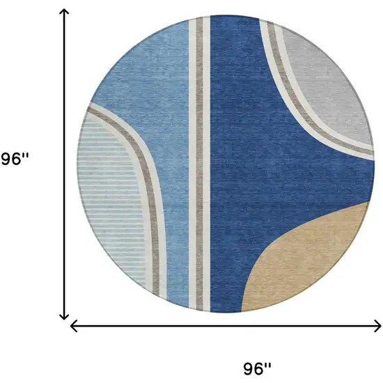 8' Blue And Denim Blue Round Geometric Washable Indoor Outdoor Area Rug Photo 8