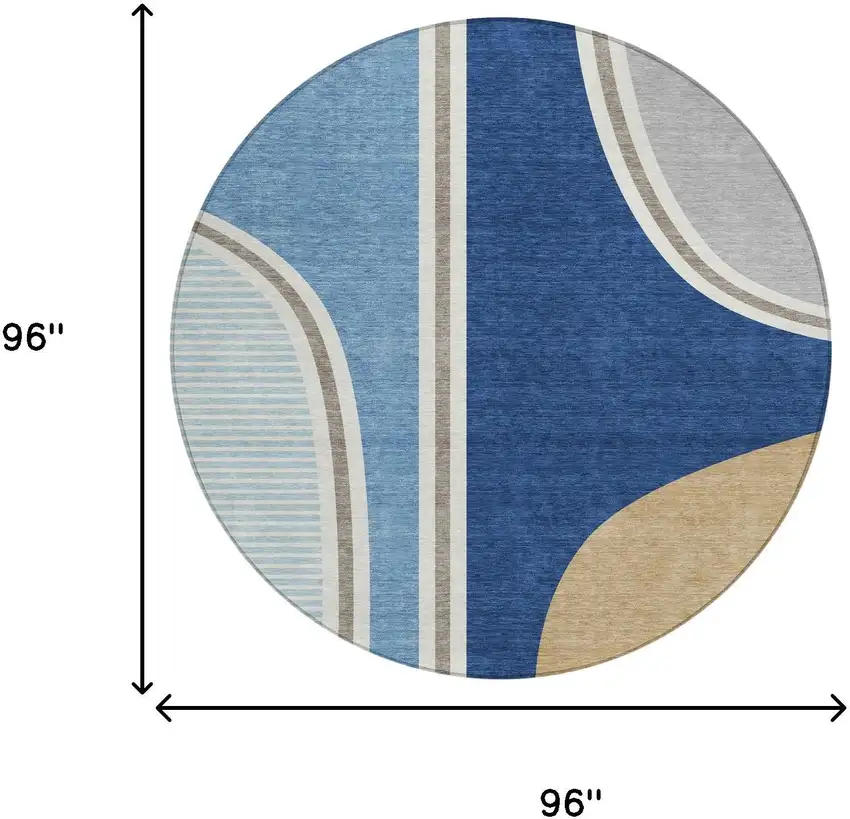 8' Blue And Denim Blue Round Geometric Washable Indoor Outdoor Area Rug Photo 8