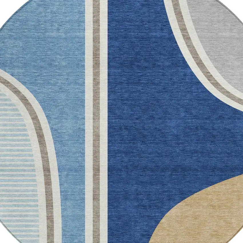 8' Blue And Denim Blue Round Geometric Washable Indoor Outdoor Area Rug Photo 3