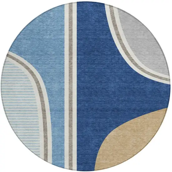 8' Blue And Denim Blue Round Geometric Washable Indoor Outdoor Area Rug Photo 2