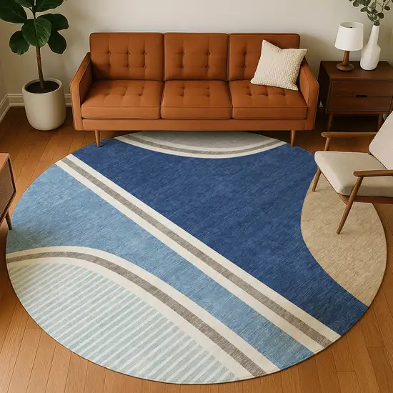 8' Blue And Denim Blue Round Geometric Washable Indoor Outdoor Area Rug Photo 5