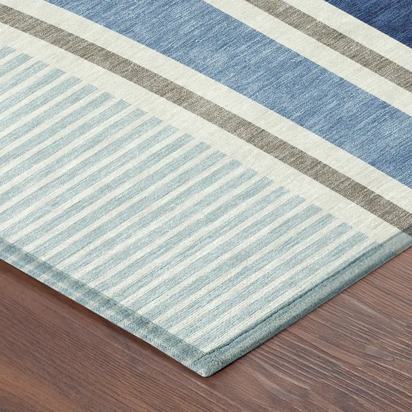 8' Blue And Denim Blue Round Geometric Washable Indoor Outdoor Area Rug Photo 6