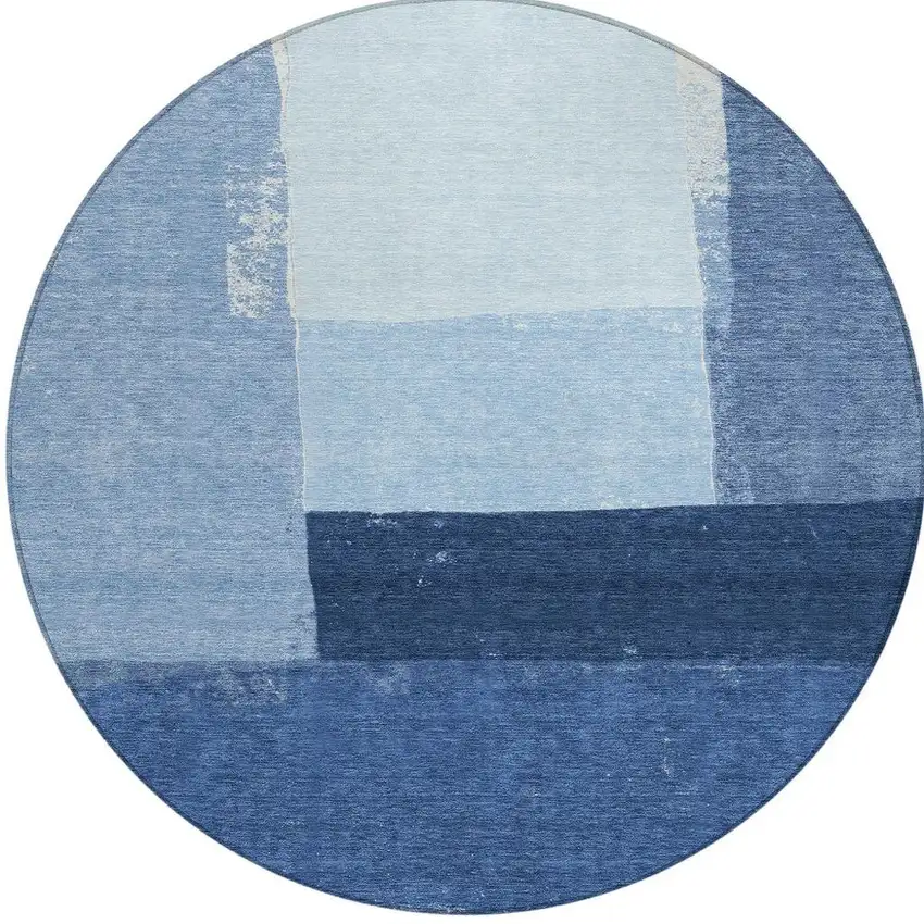 8' Blue And Denim Blue Round Geometric Washable Indoor Outdoor Area Rug Photo 3