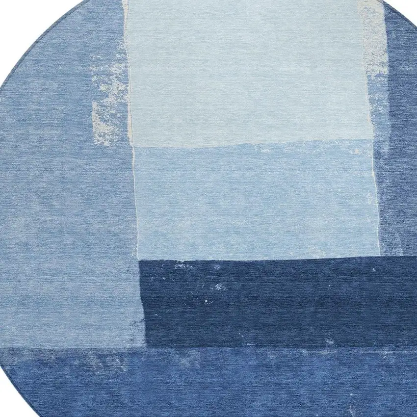 8' Blue And Denim Blue Round Geometric Washable Indoor Outdoor Area Rug Photo 2