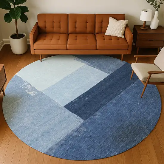 8' Blue And Denim Blue Round Geometric Washable Indoor Outdoor Area Rug Photo 5