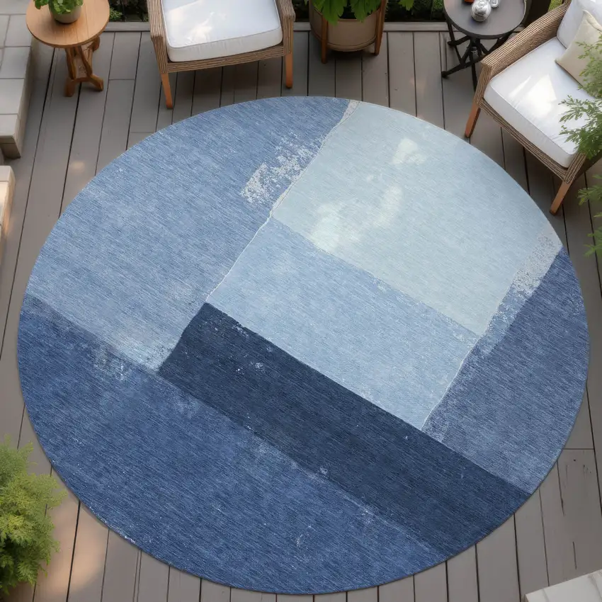 8' Blue And Denim Blue Round Geometric Washable Indoor Outdoor Area Rug Photo 4