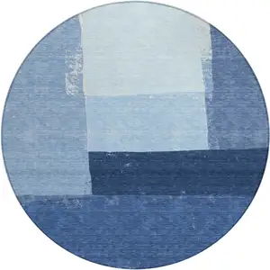 Photo of 8' Blue And Denim Blue Round Geometric Washable Indoor Outdoor Area Rug