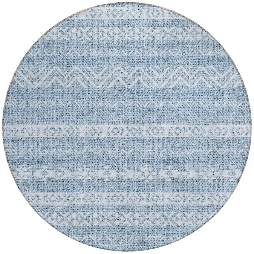 8' Blue And Denim Blue Round Southwestern Washable Indoor Outdoor Area Rug Photo 5