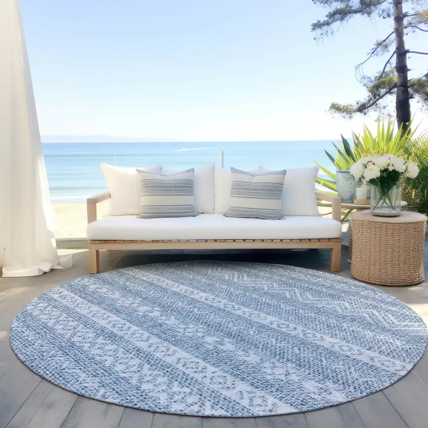 8' Blue And Denim Blue Round Southwestern Washable Indoor Outdoor Area Rug Photo 6