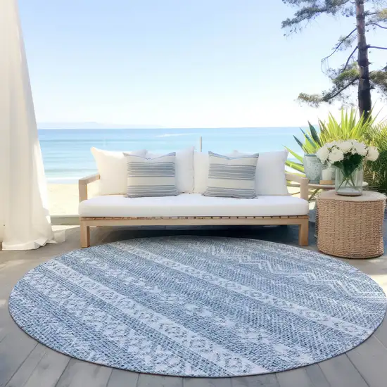 8' Blue And Denim Blue Round Southwestern Washable Indoor Outdoor Area Rug Photo 6