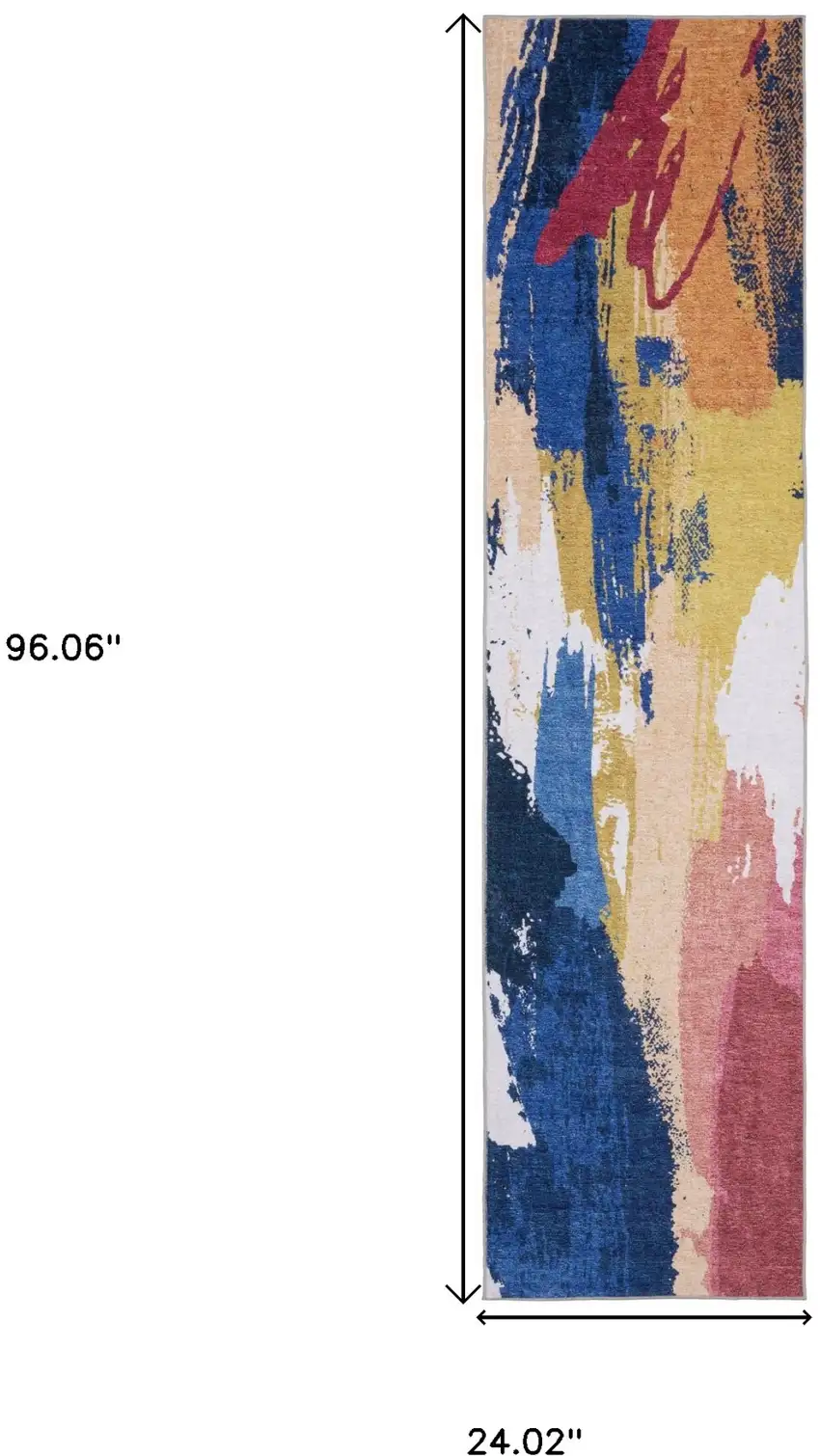 8' Blue And Gold Abstract Distressed Runner Rug Photo 3