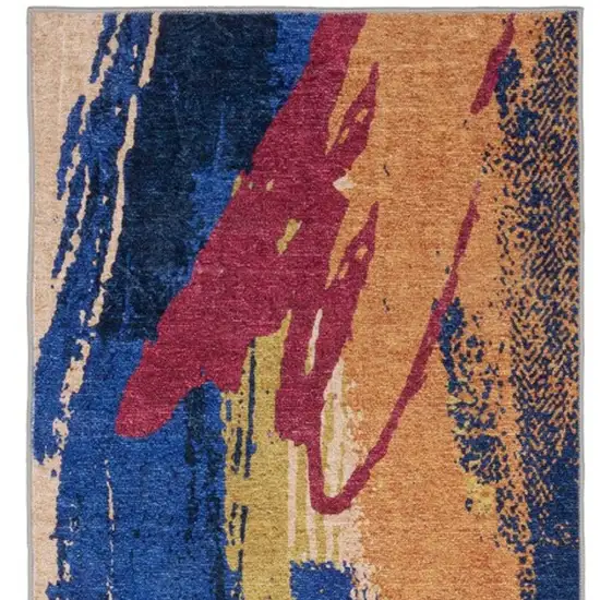 8' Blue And Gold Abstract Distressed Runner Rug Photo 5