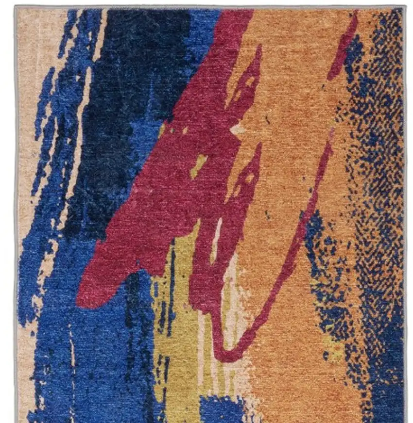 8' Blue And Gold Abstract Distressed Runner Rug Photo 5
