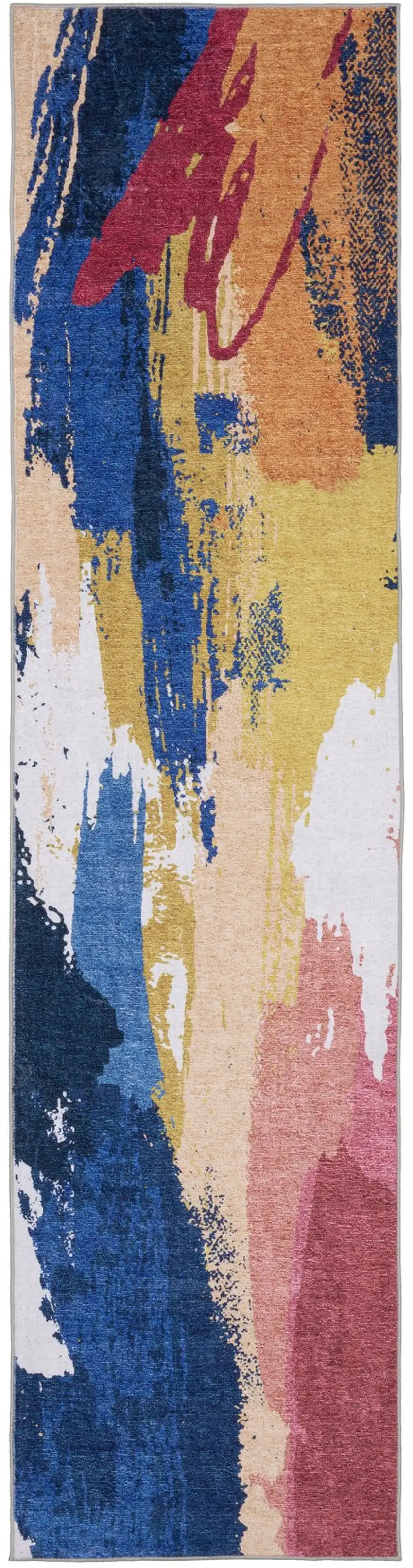 8' Blue And Gold Abstract Distressed Runner Rug Photo 2