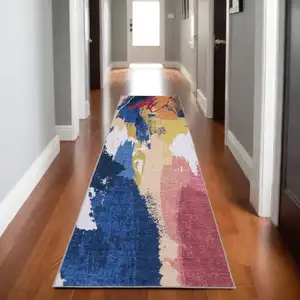 Photo of 8' Blue And Gold Abstract Distressed Runner Rug