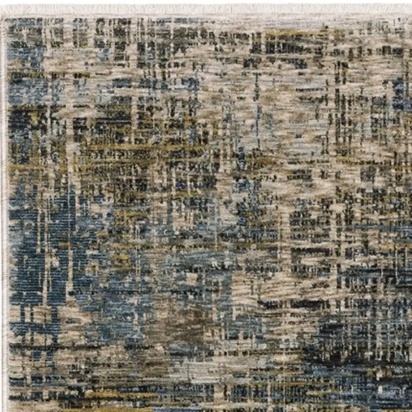 8' Blue And Gold Abstract Runner Rug With Fringe Photo 5