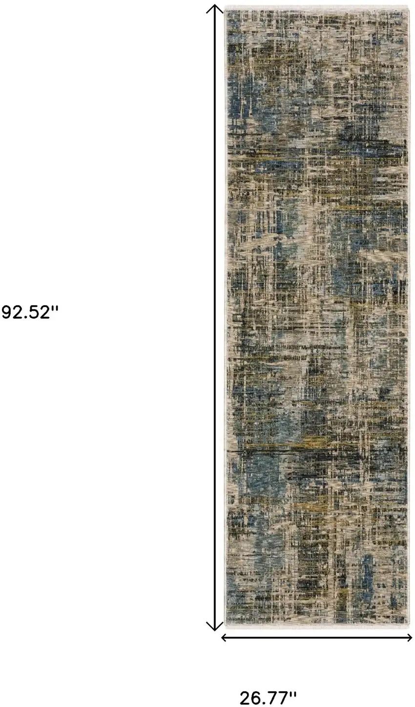 8' Blue And Gold Abstract Runner Rug With Fringe Photo 3
