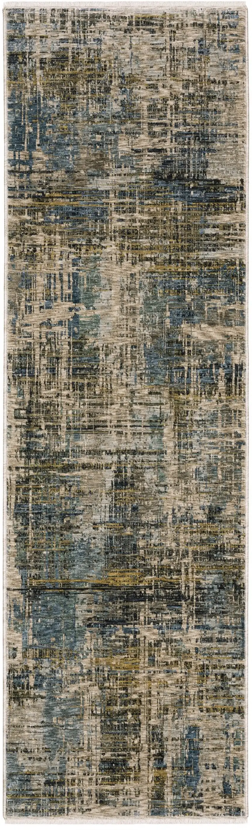 8' Blue And Gold Abstract Runner Rug With Fringe Photo 2