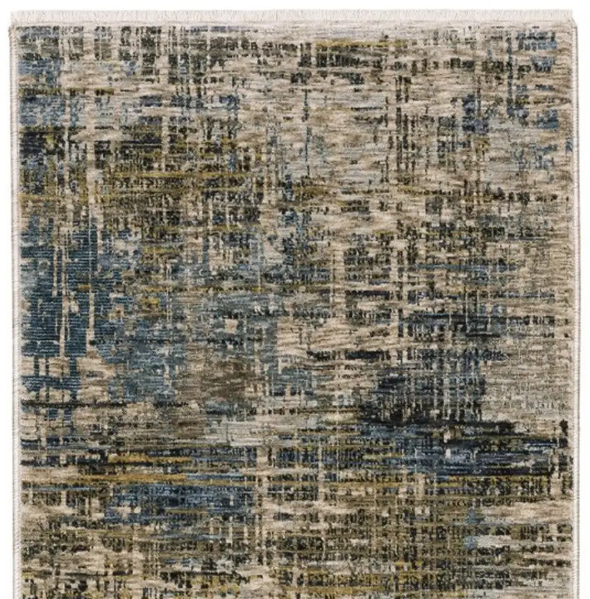 8' Blue And Gold Abstract Runner Rug With Fringe Photo 5