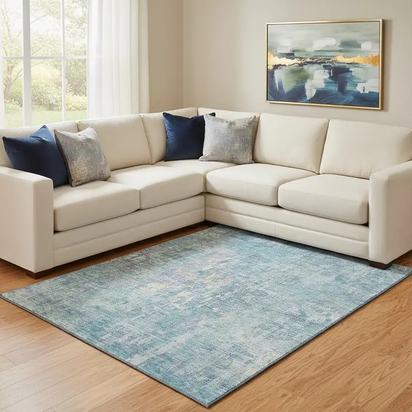 8' Blue And Gold Abstract Washable Area Rug With UV Protection Photo 2