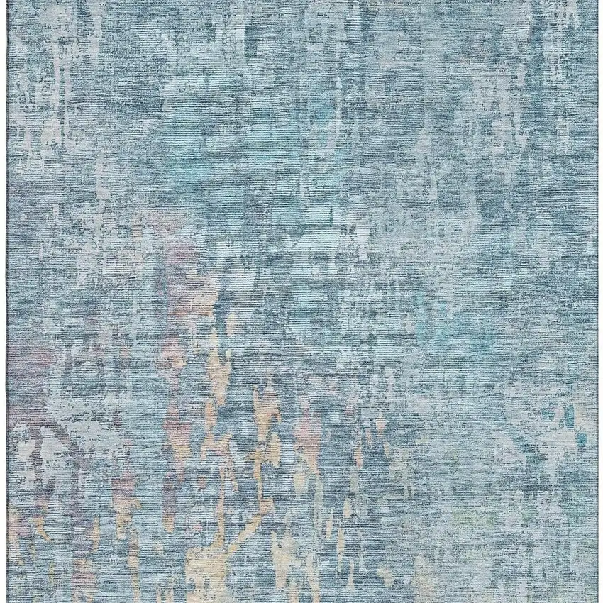 8' Blue And Gold Abstract Washable Area Rug With UV Protection Photo 2