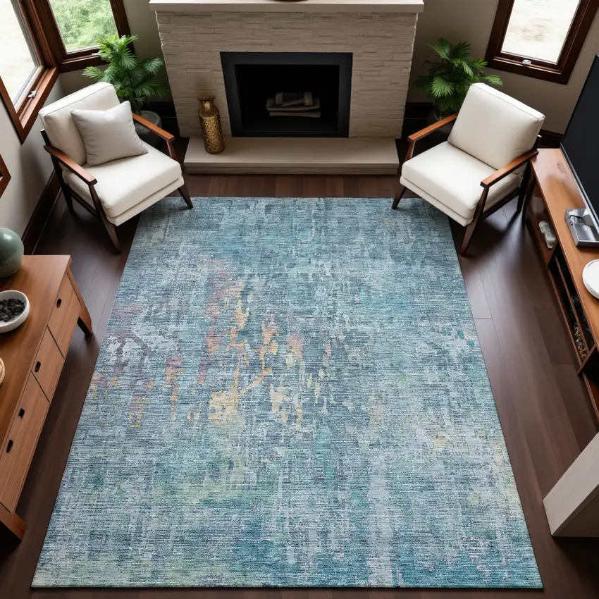 8' Blue And Gold Abstract Washable Area Rug With UV Protection Photo 5