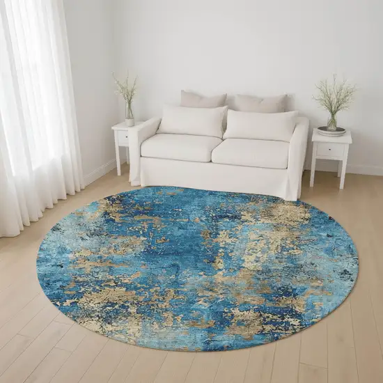 8' Blue And Gold Abstract Washable Round Rug With UV Protection Photo 4