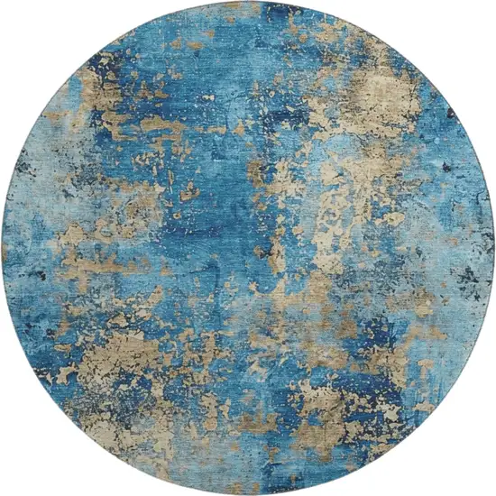 8' Blue And Gold Abstract Washable Round Rug With UV Protection Photo 1