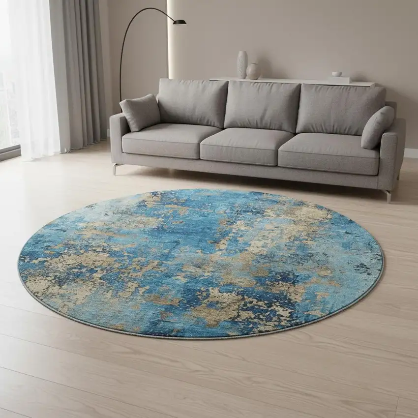 8' Blue And Gold Abstract Washable Round Rug With UV Protection Photo 2