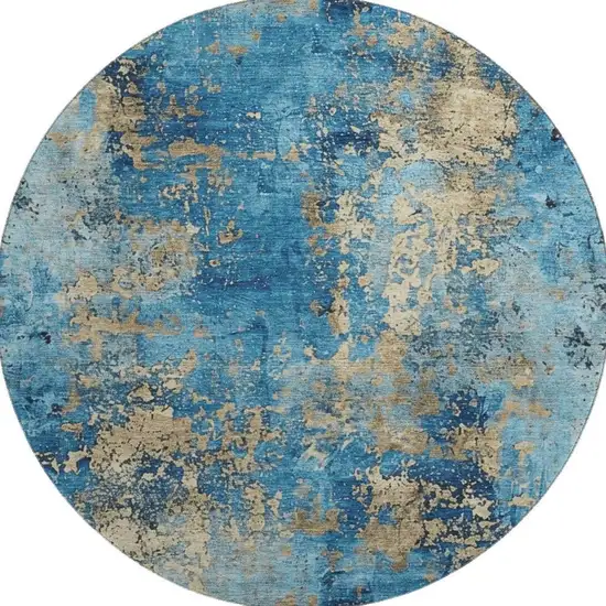 8' Blue And Gold Abstract Washable Round Rug With UV Protection Photo 3