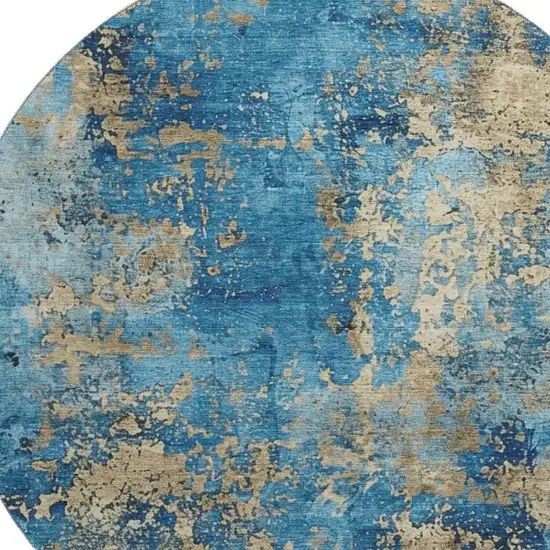 8' Blue And Gold Abstract Washable Round Rug With UV Protection Photo 2