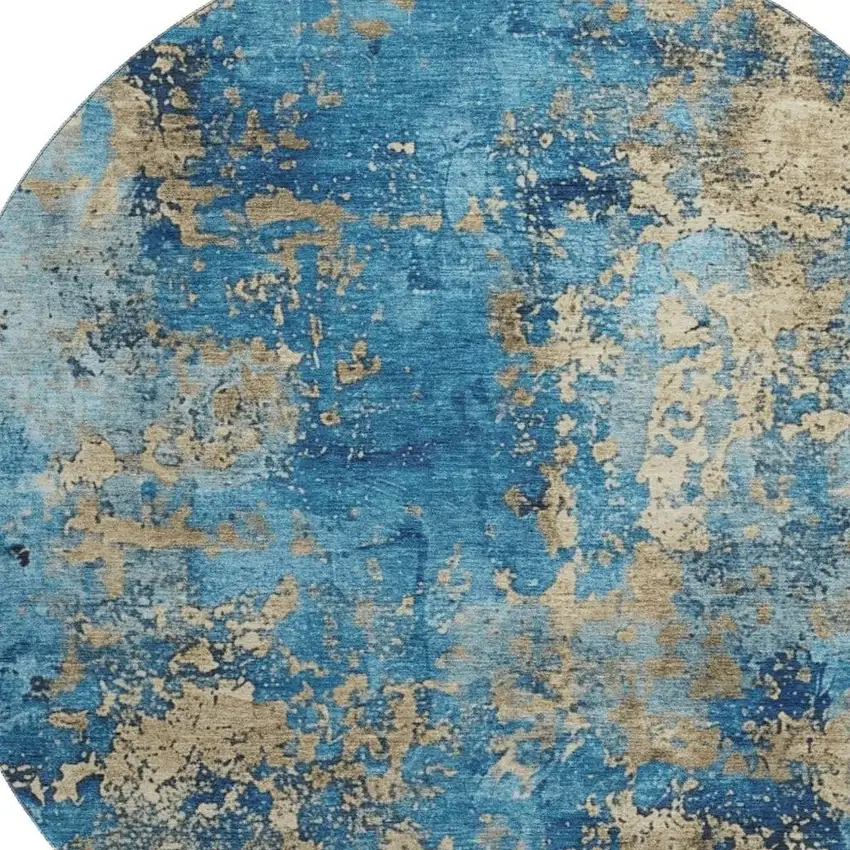 8' Blue And Gold Abstract Washable Round Rug With UV Protection Photo 2