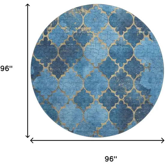 8' Blue And Gold Damask Washable Round Rug With UV Protection Photo 9