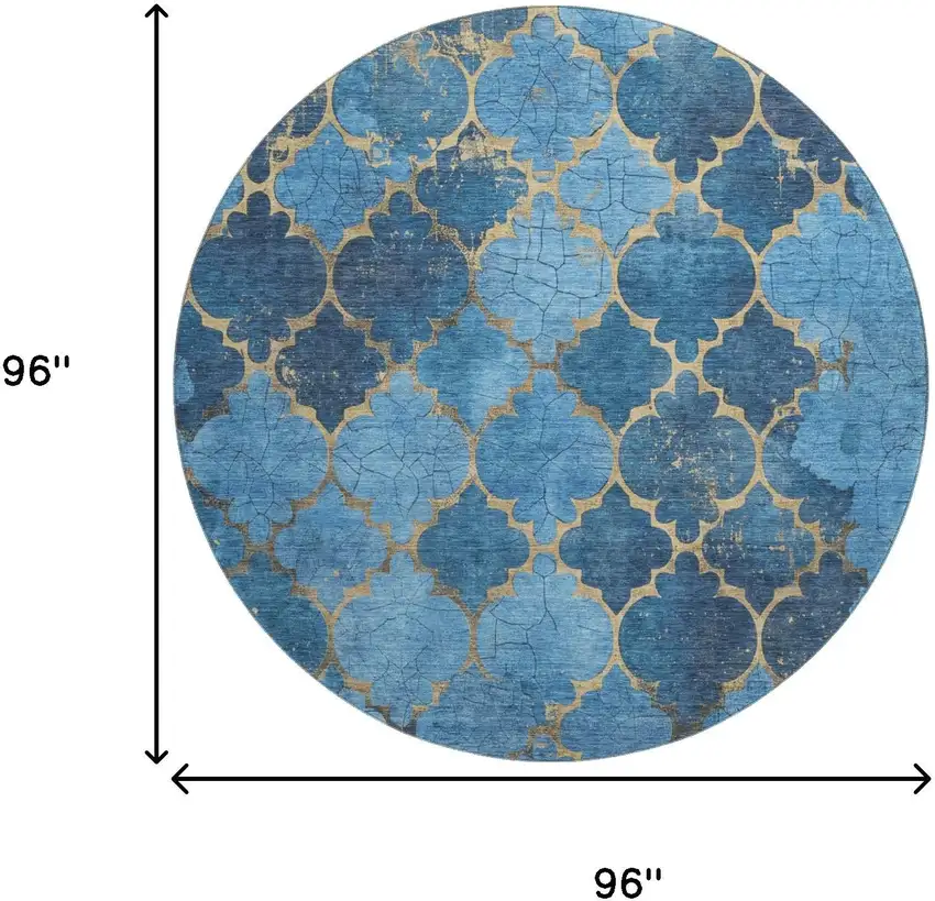 8' Blue And Gold Damask Washable Round Rug With UV Protection Photo 9