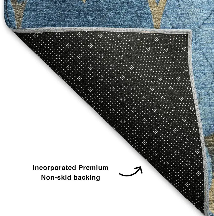 8' Blue And Gold Damask Washable Round Rug With UV Protection Photo 5