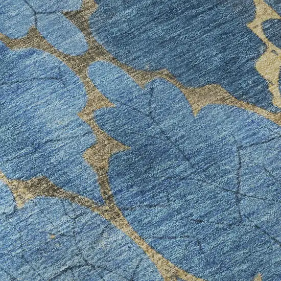 8' Blue And Gold Damask Washable Round Rug With UV Protection Photo 8