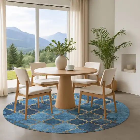 8' Blue And Gold Damask Washable Round Rug With UV Protection Photo 4