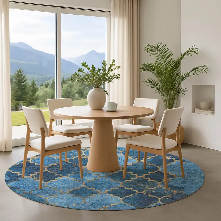 8' Blue And Gold Damask Washable Round Rug With UV Protection Photo 4